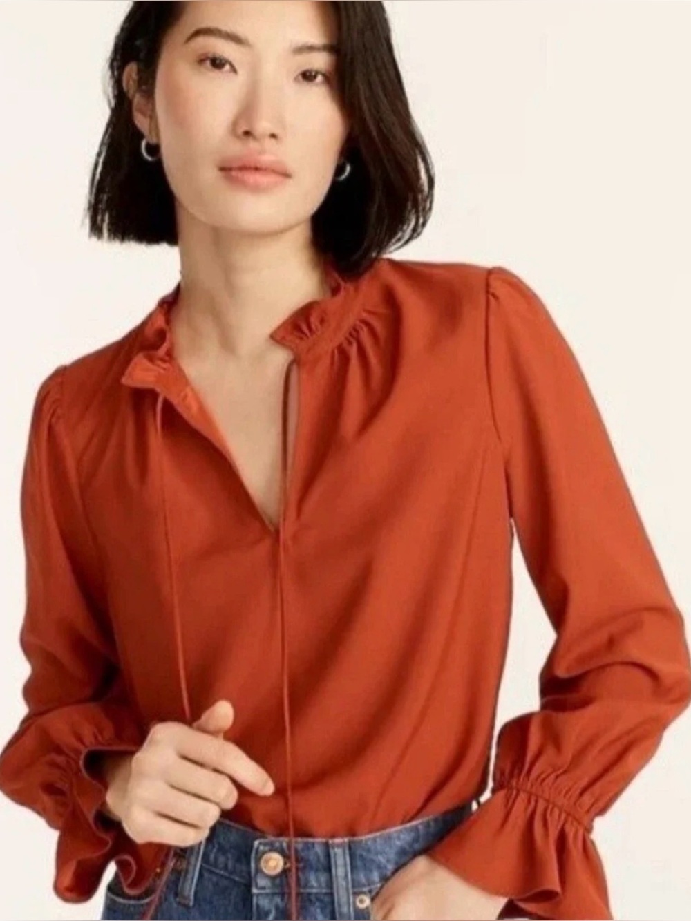 J Crew Ruffle Tie-Neck Long Sleeve Top - rust color Size M
